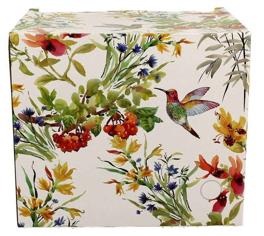 Ozdobne pudełko porcelanowego kubka XXL z kolorowym motywem kwiatów i kolibra.