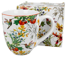 Kubek porcelanowy Linnea XXL z kwiatowym wzorem i kolibrami wraz z ozdobnym pudełkiem.