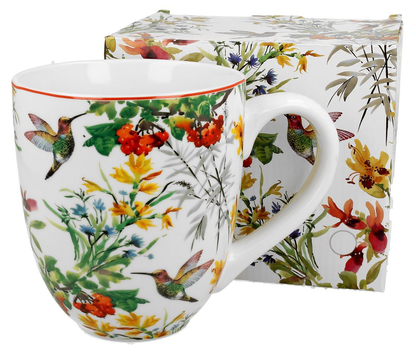 Kubek porcelanowy Linnea XXL z kwiatowym wzorem i kolibrami wraz z ozdobnym pudełkiem.