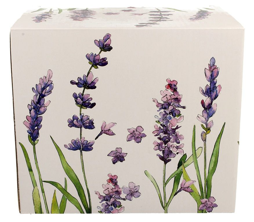 Ozdobne pudełko z motywem lawendy, w którym zapakowany jest porcelanowy kubek XXL.