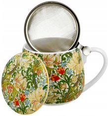 Kubek baryłka Golden Lilly William Morris z przykrywką, widok boczny.