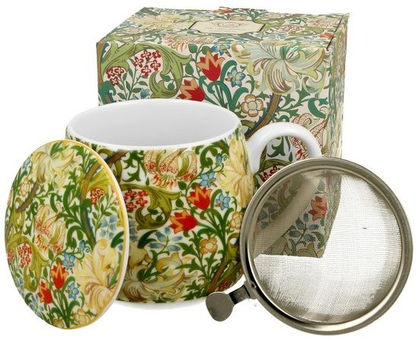 Zestaw: kubek baryłka Golden Lilly 430 ml, zaparzacz, przykrywka i pudełko prezentowe.