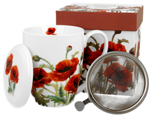 Porcelanowy kubek Classic Poppies z czerwonymi makami i metalowym zaparzaczem do herbaty