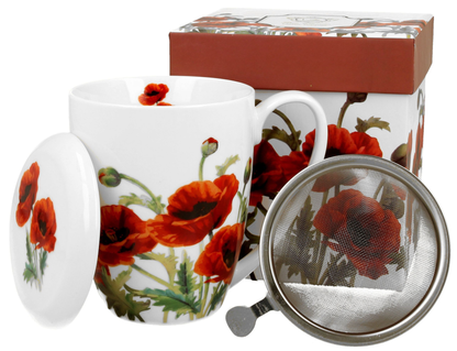 Porcelanowy kubek Classic Poppies z czerwonymi makami i metalowym zaparzaczem do herbaty