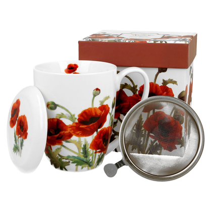 Porcelanowy kubek Classic Poppies z czerwonymi makami i metalowym zaparzaczem do herbaty