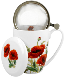 Kubek Classic Poppies z metalowym zaparzaczem ukazującym drobne sitko i wzór maków