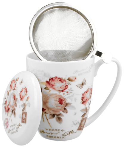 Kubek porcelanowy z zaparzaczem i pokrywką – widok wnętrza i sitka.