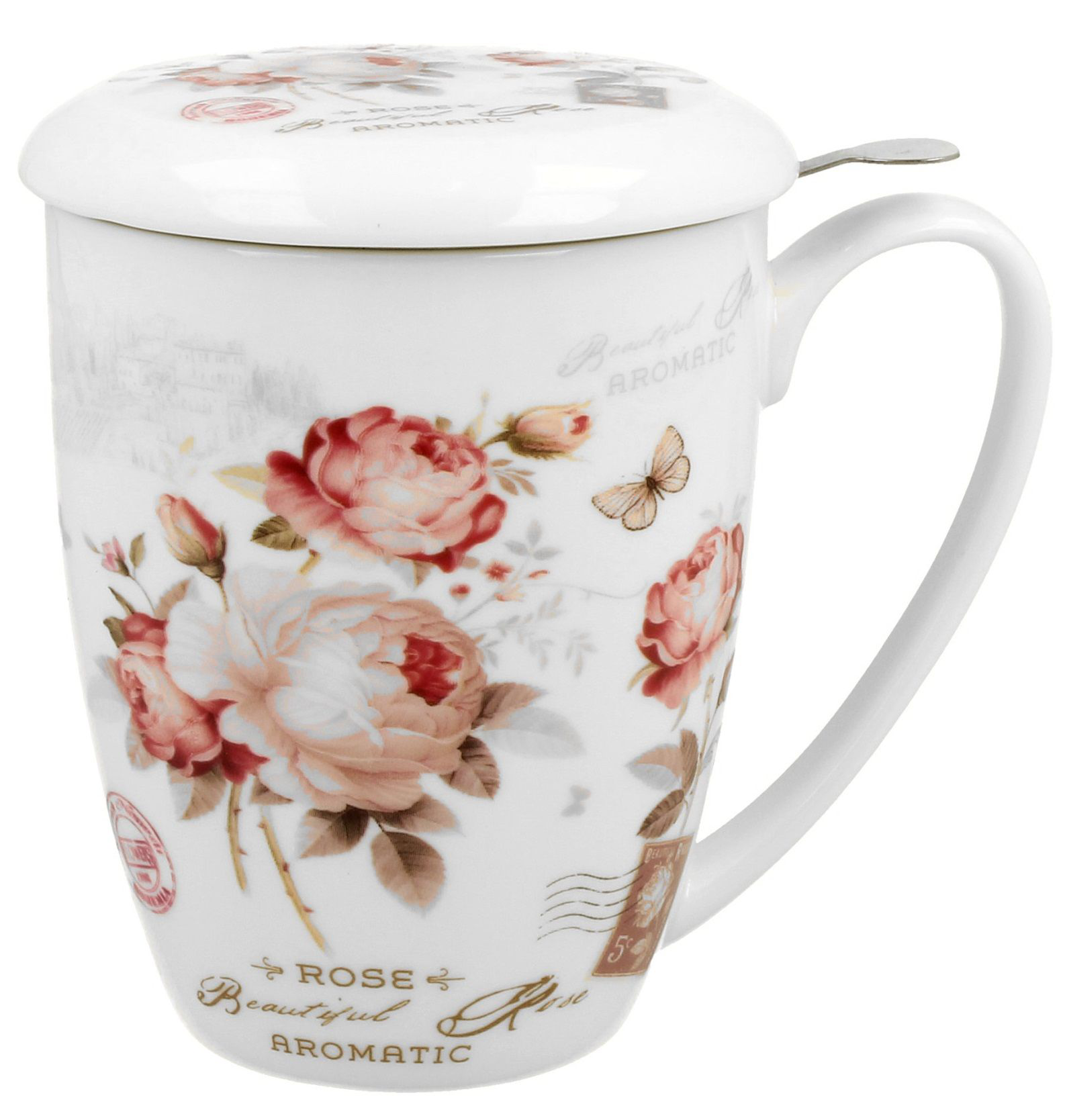 Kubek porcelanowy 380 ml z pokrywką i wzorem secesyjnych róż.