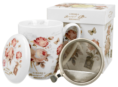 Zestaw kubek Secesja 380 ml z zaparzaczem, pokrywką i pudełkiem ozdobnym.