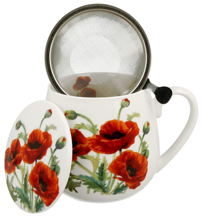 Kubek porcelanowy baryłka Classic Poppies 430 ml z zaparzaczem i pokrywką, dekorowany czerwonymi makami.