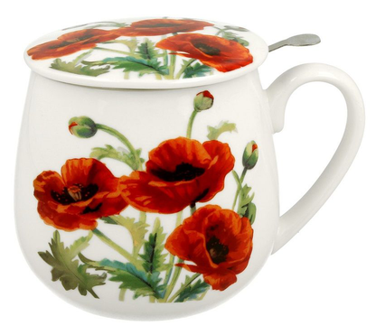 Kubek porcelanowy baryłka Classic Poppies 430 ml z pokrywką, zdobiony kwiatami maków.