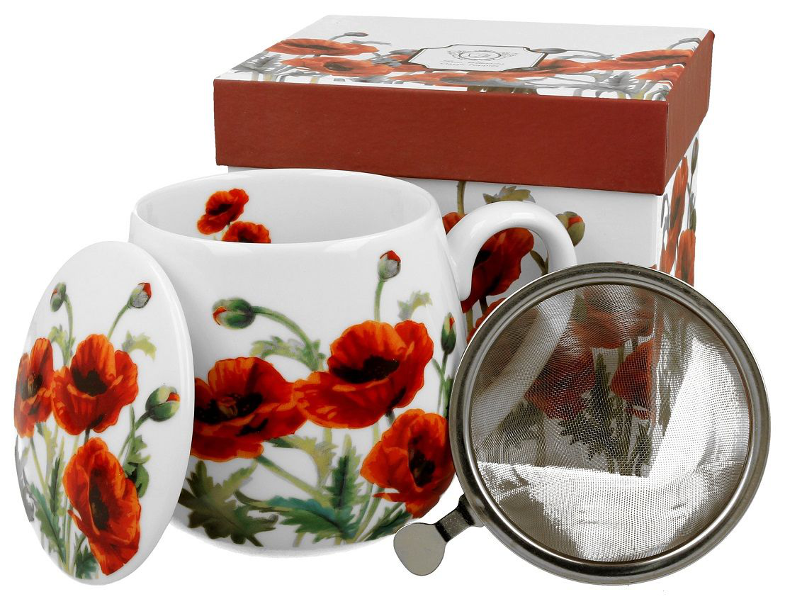 Zestaw kubek porcelanowy baryłka Classic Poppies 430 ml z zaparzaczem, pokrywką i pudełkiem prezentowym.