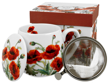Zestaw kubek porcelanowy baryłka Classic Poppies 430 ml z zaparzaczem, pokrywką i pudełkiem prezentowym.