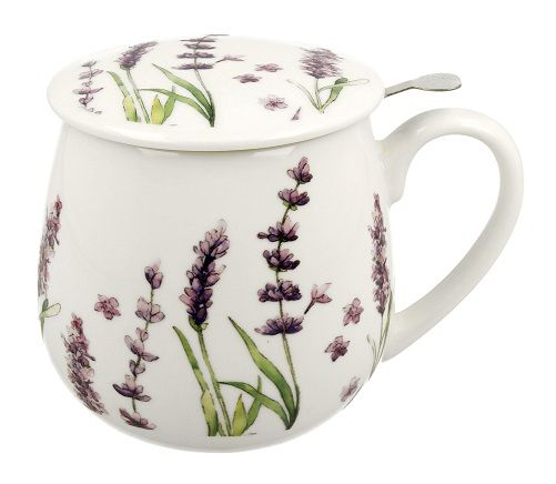 Kubek porcelanowy baryłka Classic Lavender 430 ml z zaparzaczem – elegancki motyw lawendy.