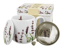 Zestaw kubek porcelanowy Classic Lavender 430 ml z zaparzaczem i pokrywką – idealny prezent.