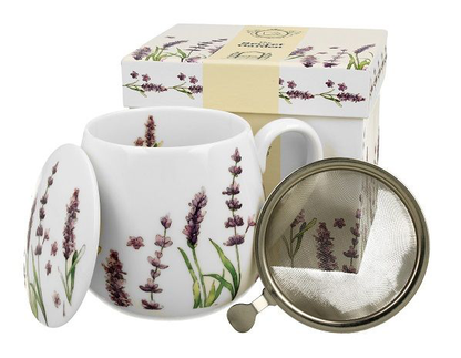 Zestaw kubek porcelanowy Classic Lavender 430 ml z zaparzaczem i pokrywką – idealny prezent.