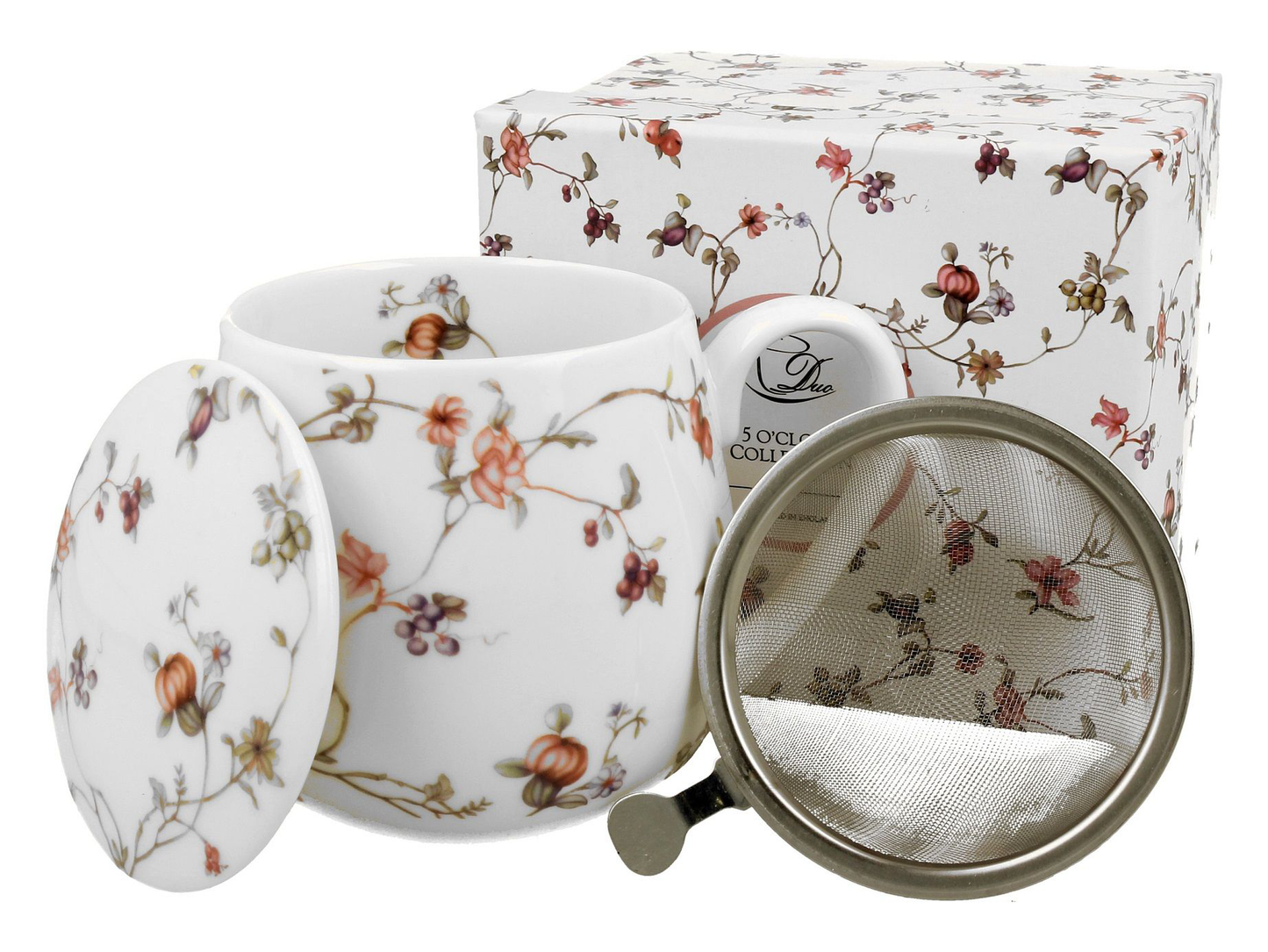 Porcelanowy kubek baryłka Safa z kwiatowym wzorem i metalowym zaparzaczem do herbaty