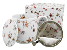 Porcelanowy kubek baryłka Safa z kwiatowym wzorem i metalowym zaparzaczem do herbaty