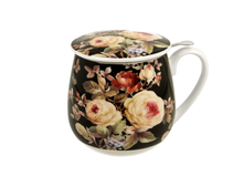 Porcelanowy kubek Warda 430 ml zdobiony motywem róż na czarnym tle, z dopasowaną porcelanową pokrywką.