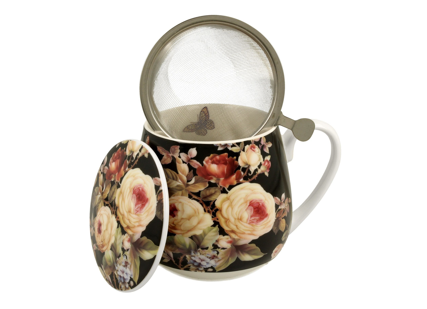 Kubek porcelanowy Warda z zaparzaczem ze stali nierdzewnej i dekoracyjną pokrywką z kwiatowym wzorem.