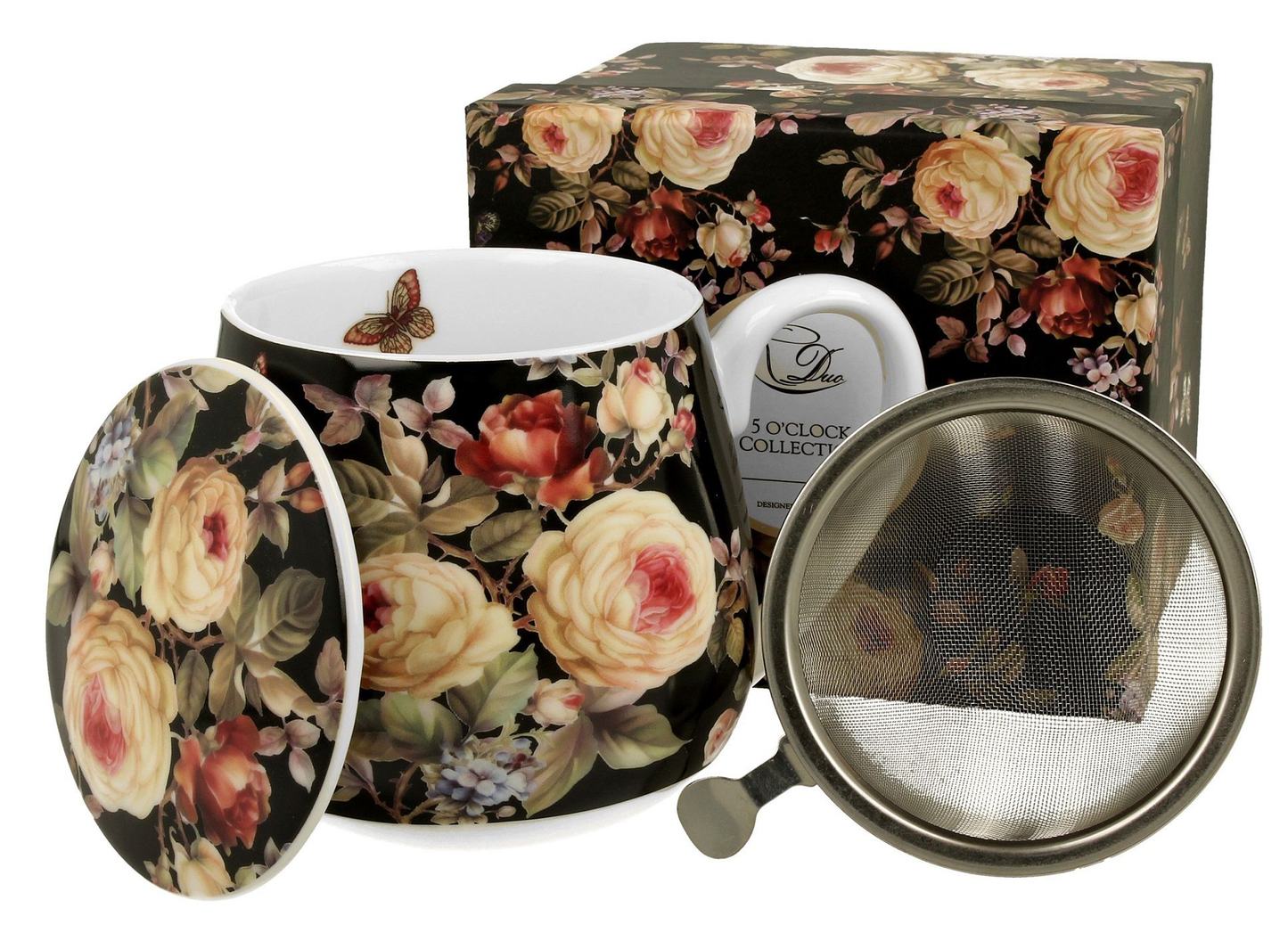 Zestaw: kubek porcelanowy Warda 430 ml z zaparzaczem, pokrywką i ozdobnym pudełkiem prezentowym.