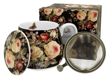 Zestaw: kubek porcelanowy Warda 430 ml z zaparzaczem, pokrywką i ozdobnym pudełkiem prezentowym.