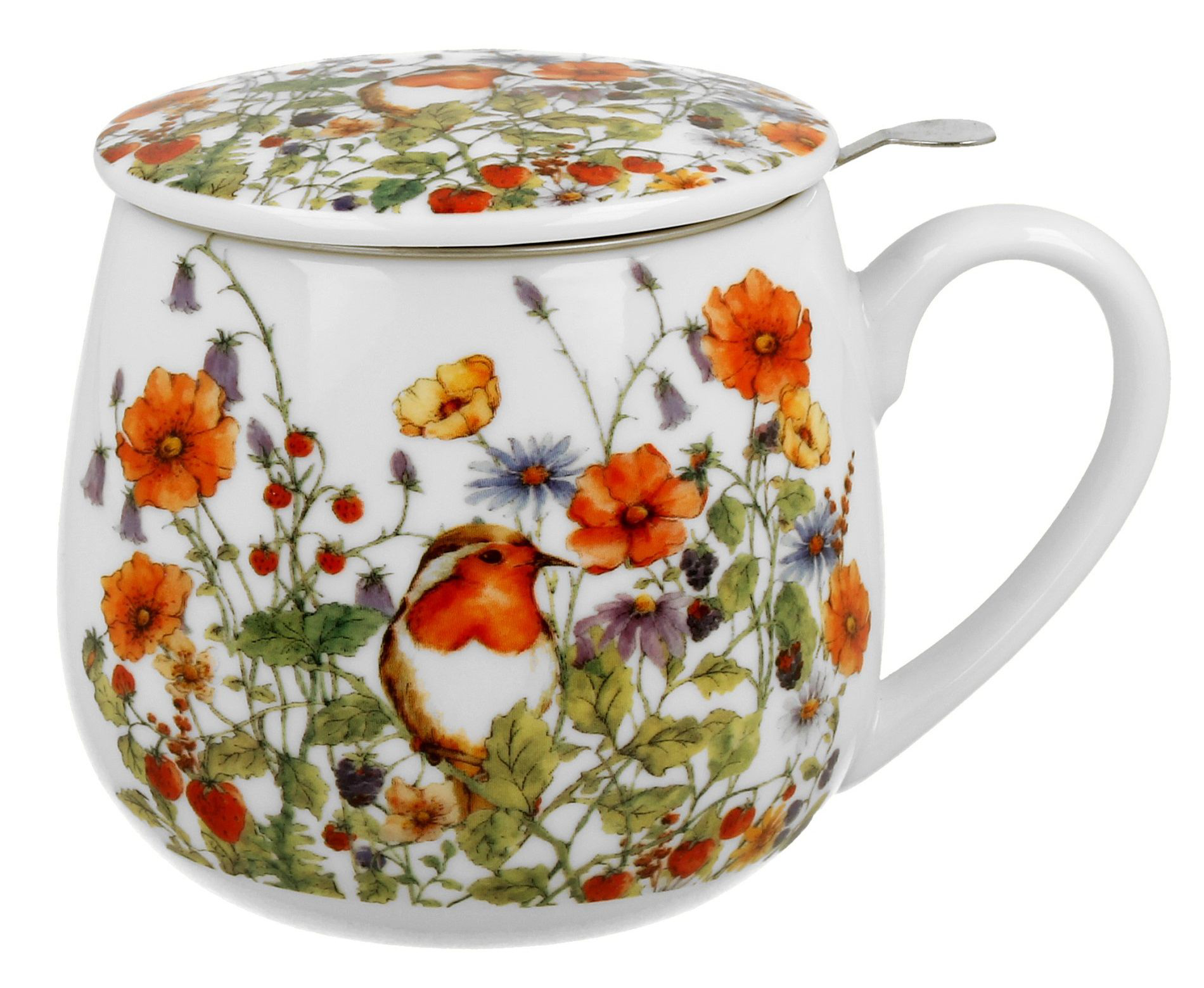 Kubek baryłka porcelanowy Wild Bird 430 ml z pokrywką i barwnym kwiatowym motywem.