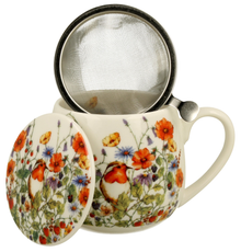 Kubek porcelanowy Wild Bird 430 ml z zaparzaczem ze stali nierdzewnej i pokrywką – kwiatowy wzór z ptaszkiem