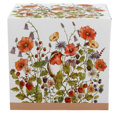 Ozdobne pudełko prezentowe z motywem polnych kwiatów i ptaszka – kubek porcelanowy Wild Bird 430 ml.