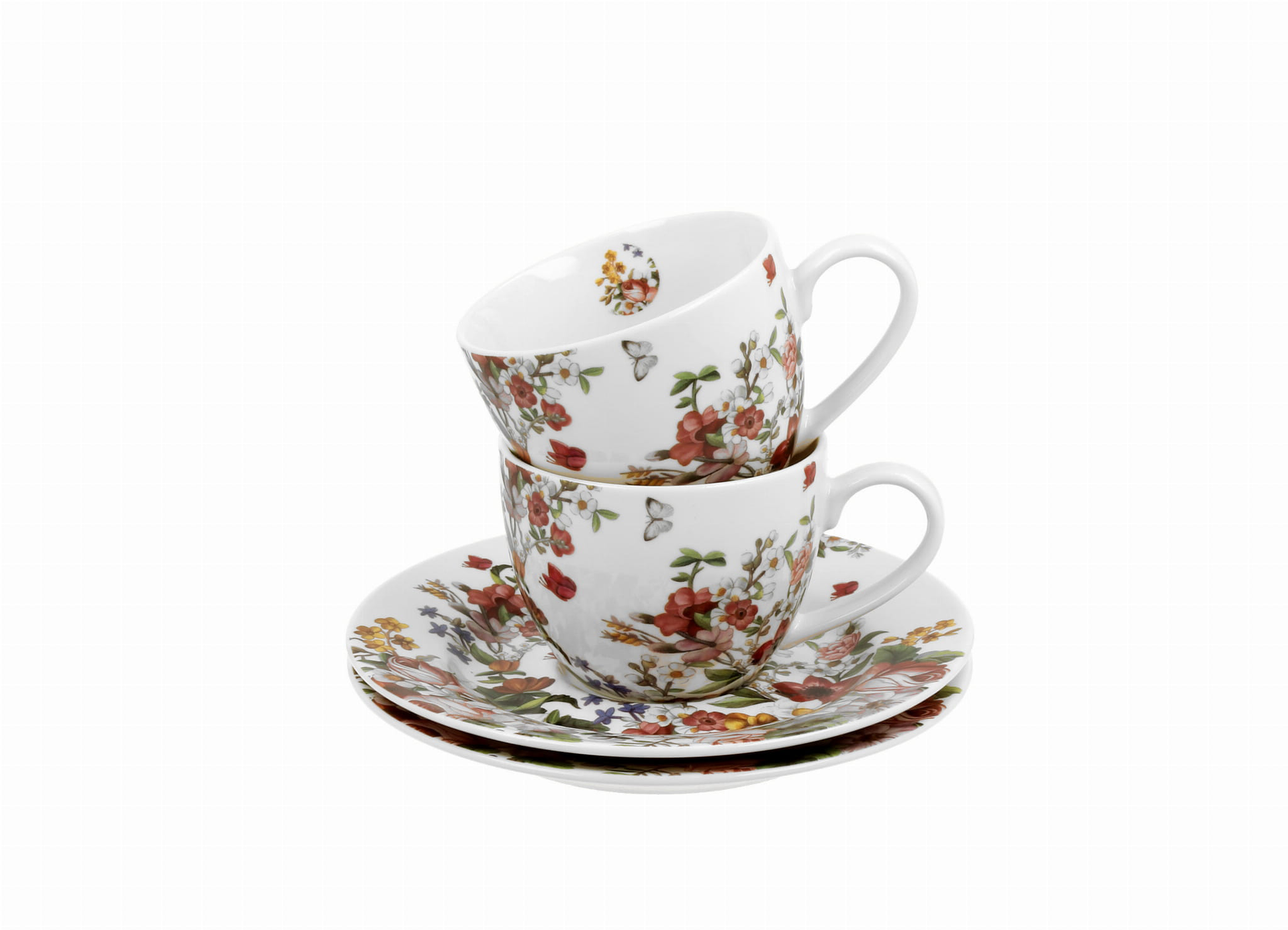 Filiżanki espresso Vintage Flowers White 110 ml ułożone ze spodkami.