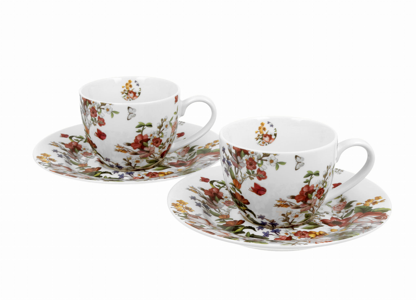 Dwie filiżanki porcelanowe espresso Vintage Flowers White 110 ml ze spodkami.