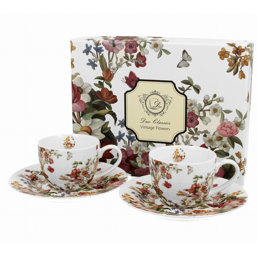 Zestaw filiżanek espresso Vintage Flowers White w ozdobnym pudełku prezentowym.