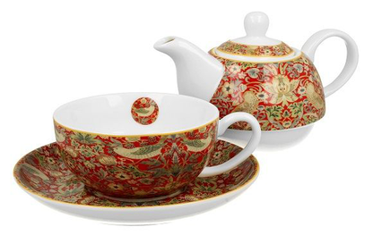 Porcelanowa filiżanka ze spodkiem i dzbankiem w czerwonym wzorze Strawberry Thief.
