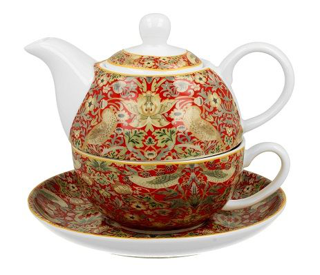Filiżanka, dzbanek i spodek w czerwonym motywie William Morris Strawberry Thief.