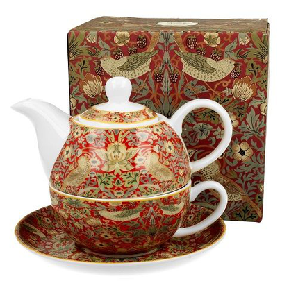 Komplet porcelanowy z filiżanką i dzbankiem zdobionym motywem Strawberry Thief Red.