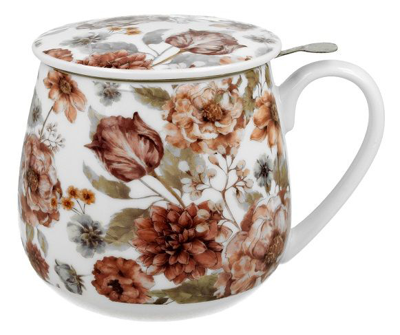 Kubek porcelanowy Pastel Flowers White 430 ml z zaparzaczem, pokrywką i pudełkiem w kwiatowy motyw.