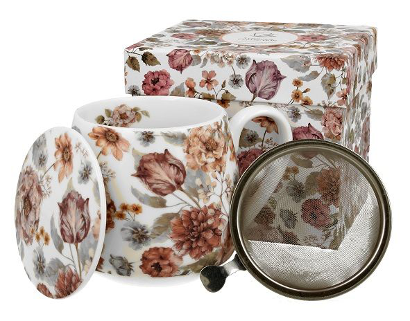 Kubek porcelanowy Pastel Flowers White 430 ml z metalowym zaparzaczem i porcelanową pokrywką.