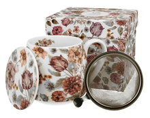 Kubek porcelanowy Pastel Flowers White 430 ml z metalowym zaparzaczem i porcelanową pokrywką.