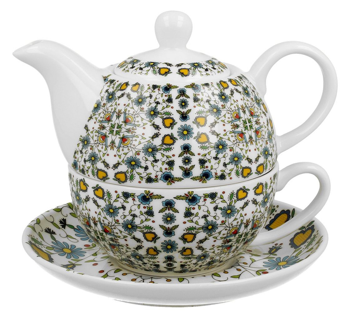 Filiżanka i dzbanek Kaszubski w zestawie na spodku.