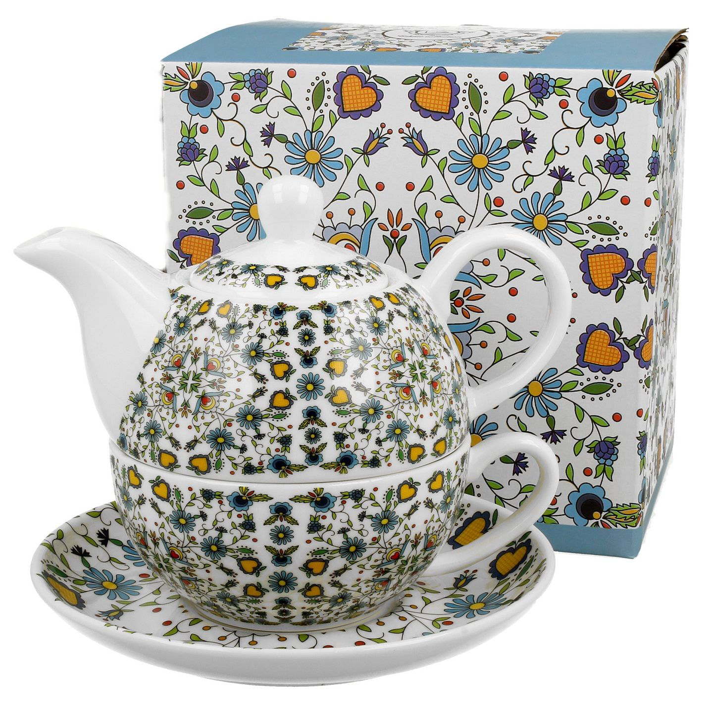 Zestaw filiżanka z dzbankiem Kaszubski w ozdobnym opakowaniu.