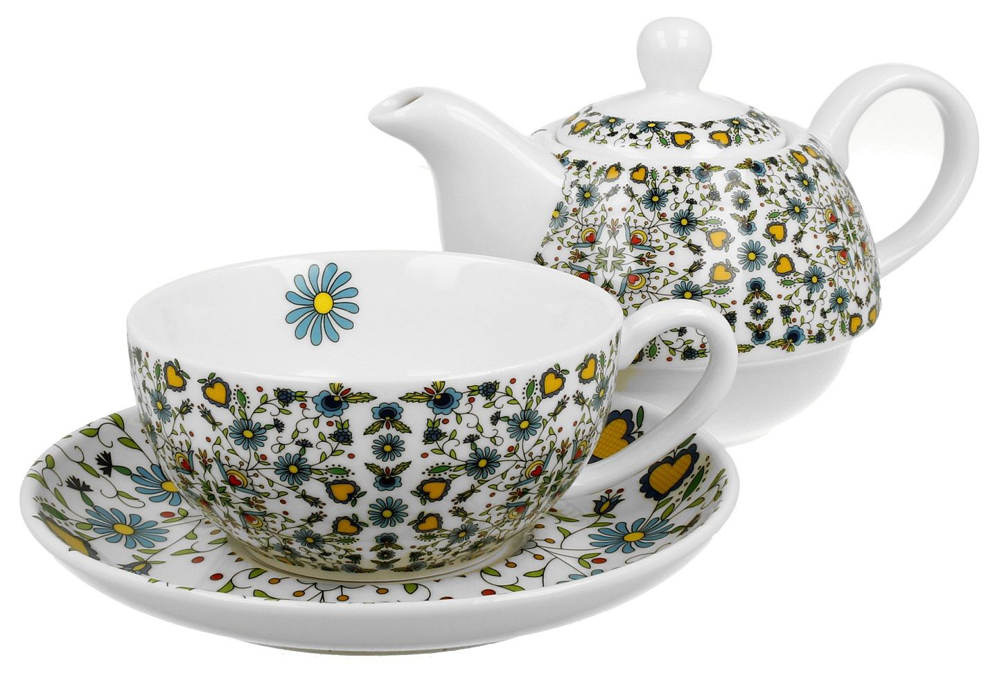 Filiżanka z dzbankiem Kaszubski z motywem kwiatowym i serduszkami.