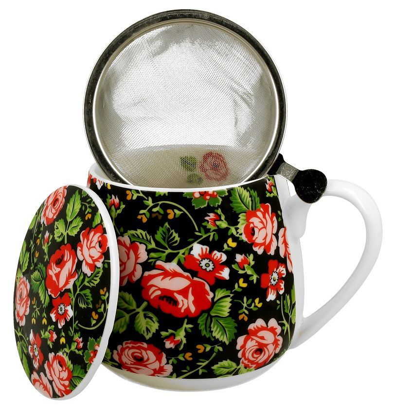 Kubek porcelanowy baryłka Krakowski z otwartym zaparzaczem stalowym i pokrywką.