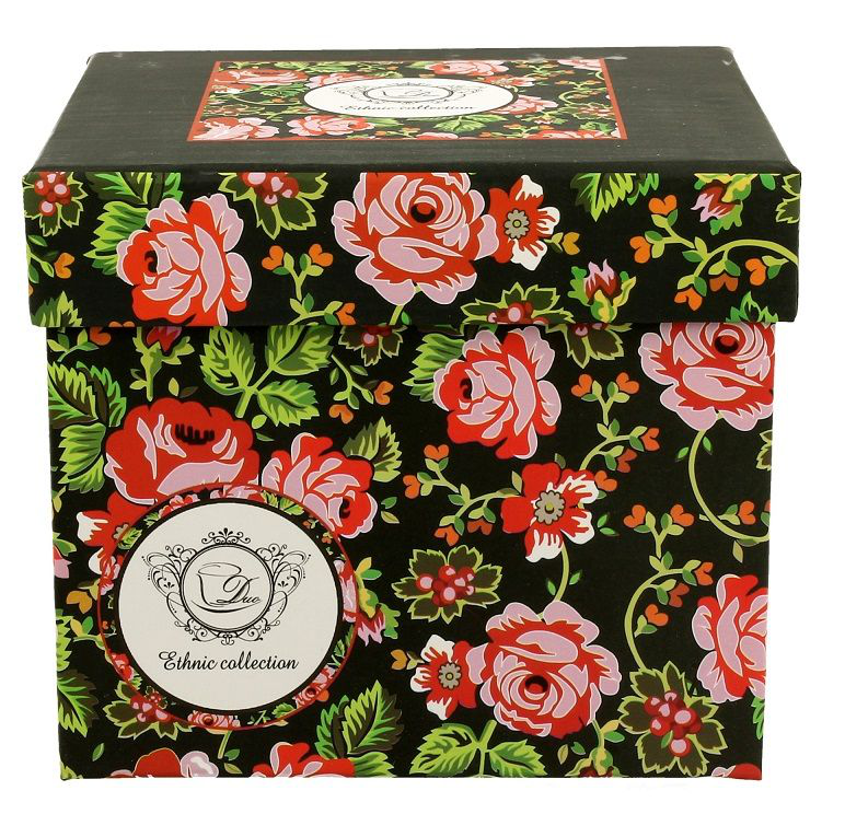 Ozdobne pudełko w krakowski wzór kwiatowy do kubka porcelanowego baryłka z zaparzaczem.