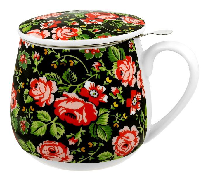 Kubek porcelanowy baryłka Krakowski 430 ml z pokrywką, czarne tło i kolorowe kwiaty.