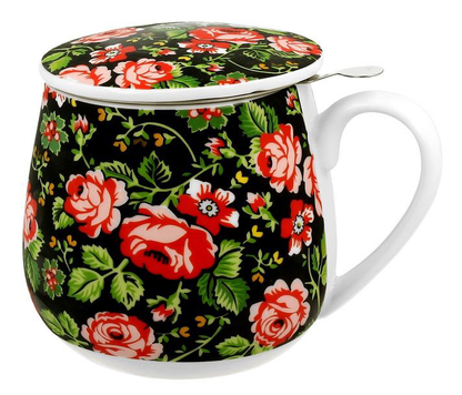 Kubek porcelanowy baryłka Krakowski 430 ml z pokrywką, czarne tło i kolorowe kwiaty.