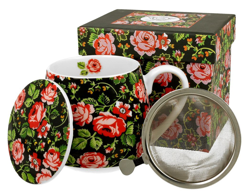 Komplet kubka baryłka z zaparzaczem i pudełkiem Krakowski 430 ml w kwiatowy wzór.