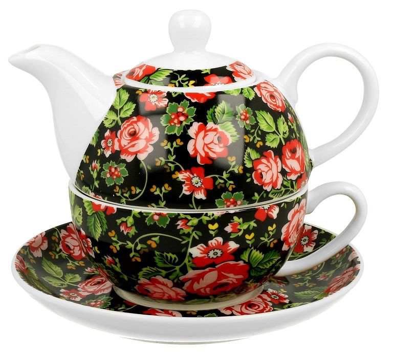 Filiżanka i dzbanek Krakowski zdobione czerwonymi różami na czarnym tle.