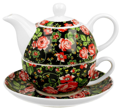 Filiżanka i dzbanek Krakowski zdobione czerwonymi różami na czarnym tle.