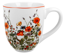 Kubek porcelanowy 1000 ml z ilustracją rudzika wśród czerwonych maków – widok z przodu.