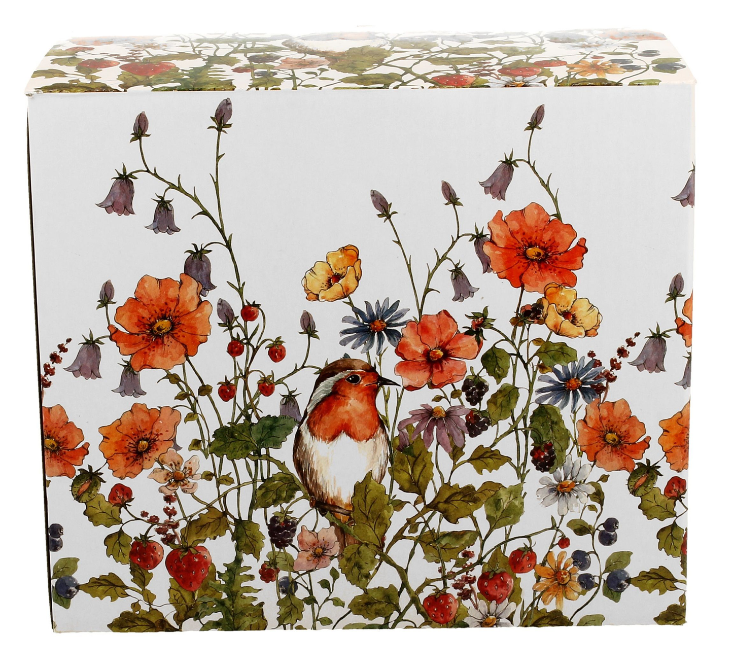 Ozdobne pudełko porcelanowego kubka XXL z motywem polnych kwiatów i ptaków.